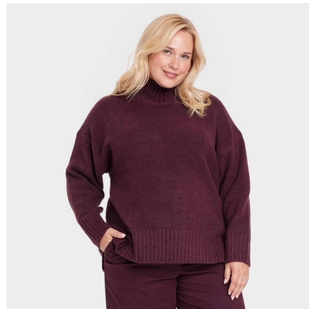 Women's Cozy Knit Mock Turtleneck Pullover Sweater - A New Day Burgundy 2X
